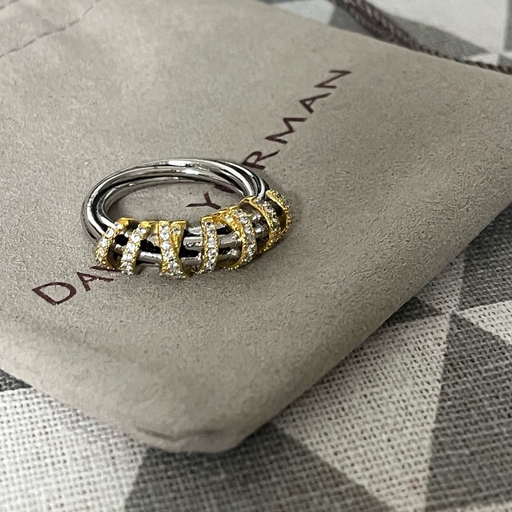 David Yurman Two-Tone Pavé Cable Ring in Gold and Silver sz8